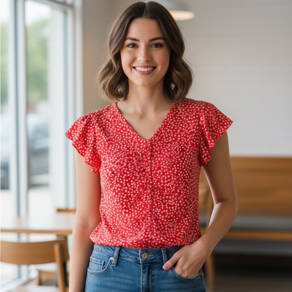 Rebecca Taylor silk Maui Fleur Dot red ditsy floral top size 4 rouched